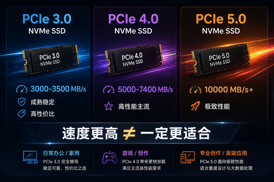 PCIe 3.0、PCIe 4.0与PCIe 5.0 NVMe SSD性能对比图,展示不同接口速度、应用场景与选择区别