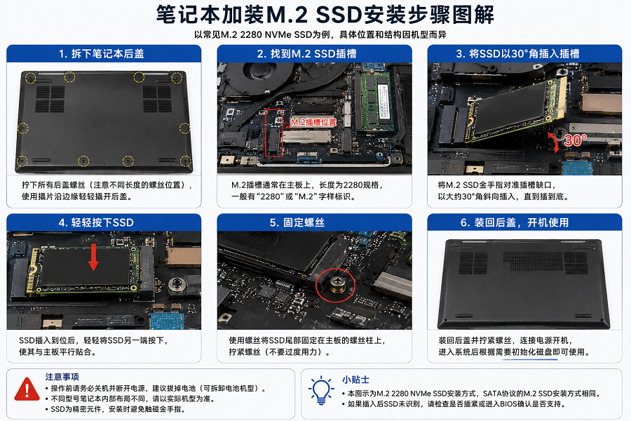笔记本加装M.2 SSD固态硬盘安装步骤图，包括拆后盖、插入SSD和固定螺丝过程