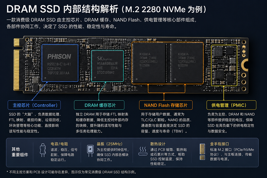 消费级DRAM SSD内部结构示意图,展示主控、NAND Flash、DRAM和PMIC