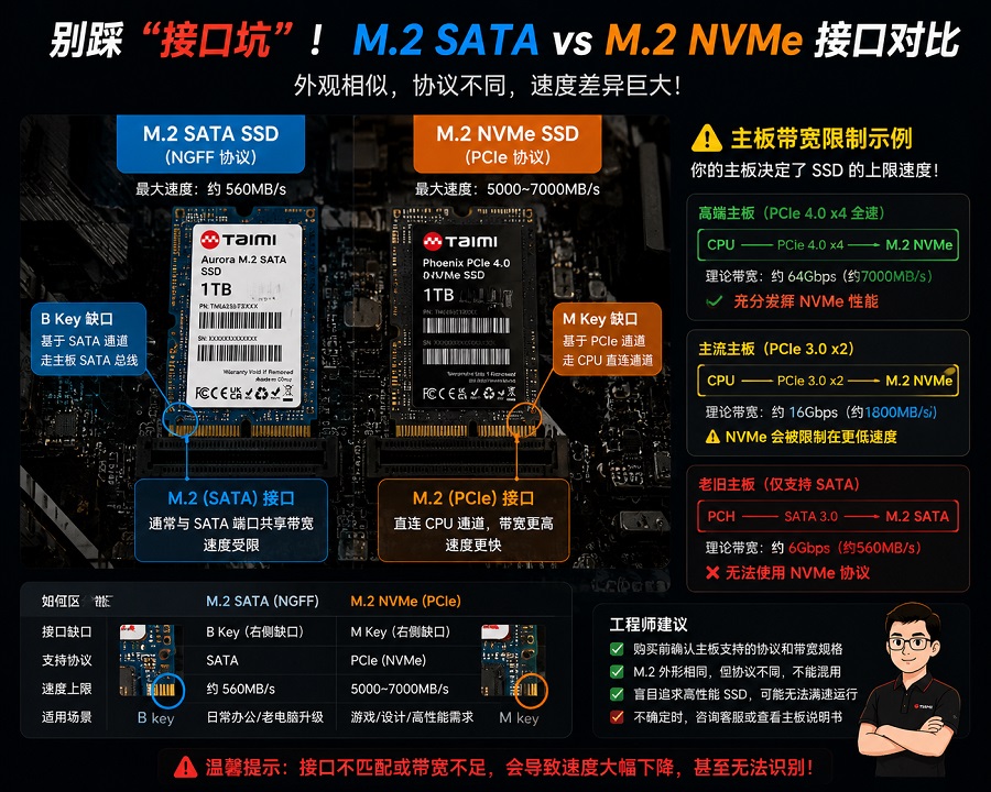 M.2 SATA 与 NVMe 接口区别示意图，注意主板带宽限制