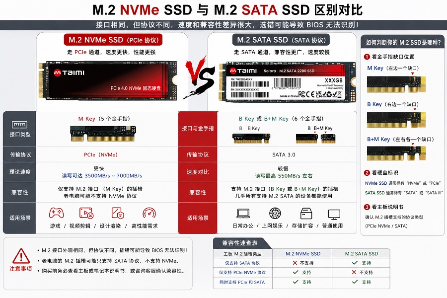 M.2 NVMe SSD 与 SATA SSD 接口和兼容性区别图
