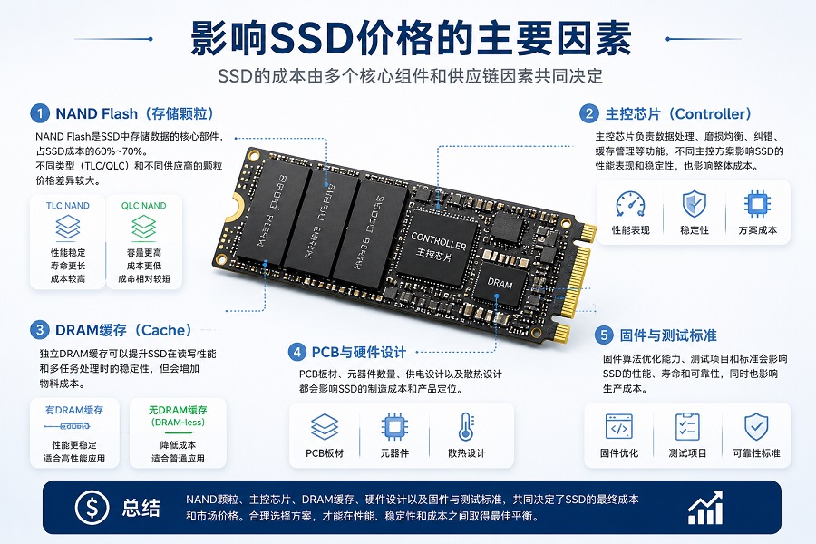SSD价格成本分析图，展示NAND Flash颗粒、主控芯片、DRAM缓存、硬件设计和测试标准对固态硬盘价格的影响