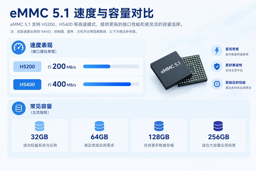 eMMC 5.1速度与容量对比图，展示HS200、HS400理论接口带宽及32GB至256GB常见容量