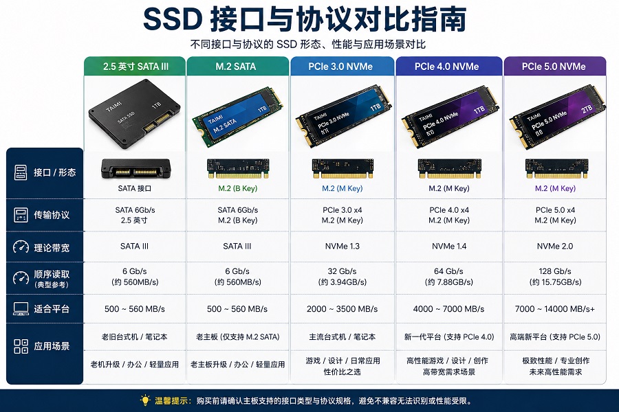SSD接口与协议对比指南：SATA、PCIe 3.0、PCIe 4.0和PCIe 5.0 NVMe