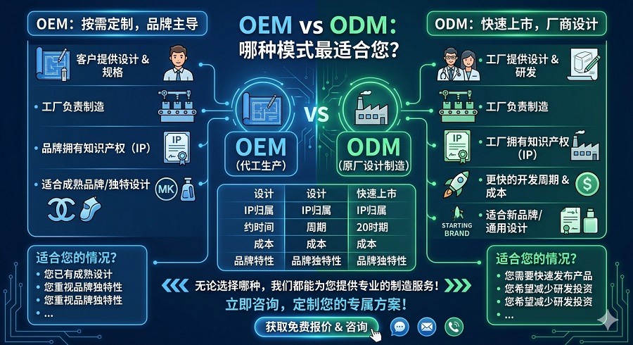 OEM vs ODM SSD定制模式对比示意图，说明OEM代工与ODM设计制造的差异及适用场景，帮助选择固态硬盘定制方案