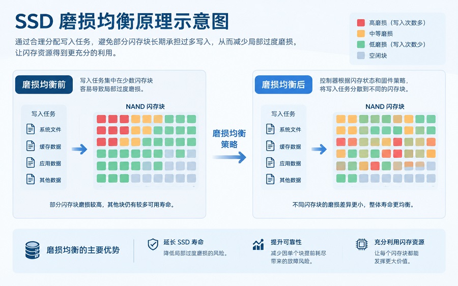 SSD wear leveling principle showing write distribution across NAND flash blocks