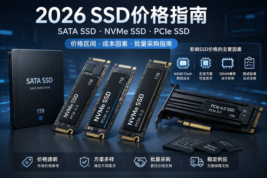 SSD价格指南2026，展示SATA SSD、NVMe SSD价格区间、成本因素和批量采购方案