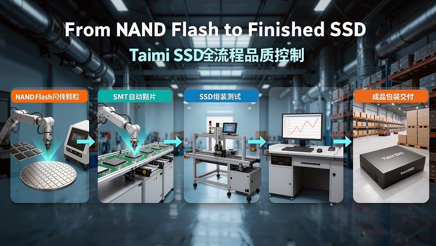 Taimi SSD生产流程展示,从NAND Flash闪存颗粒、SMT贴片、SSD组装测试到成品包装交付的全流程品质控制