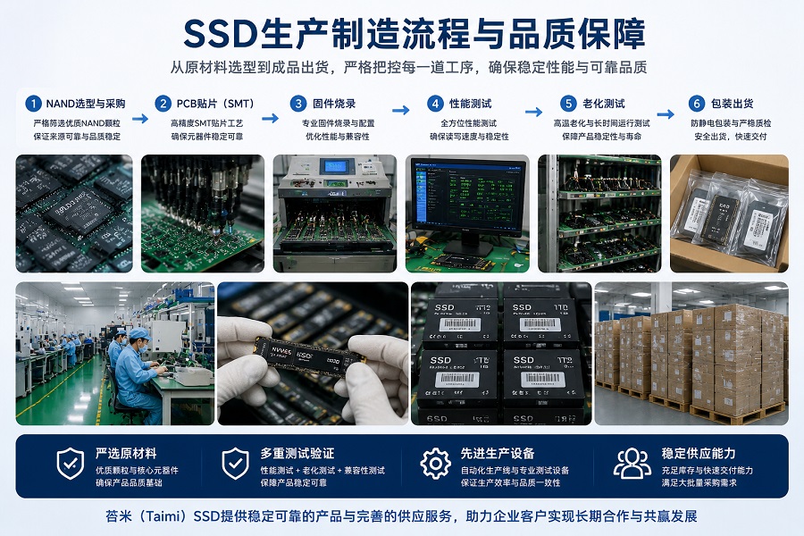 SSD厂家生产流程与质量控制展示，包括NAND Flash选型、SMT贴片、固件优化、性能测试和批量供应能力