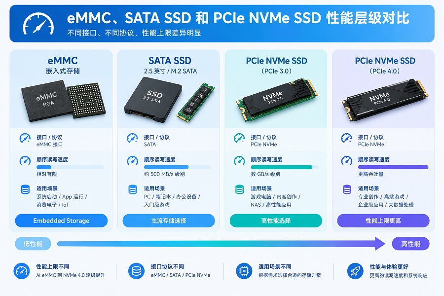eMMC、SATA SSD和PCIe NVMe SSD性能层级对比