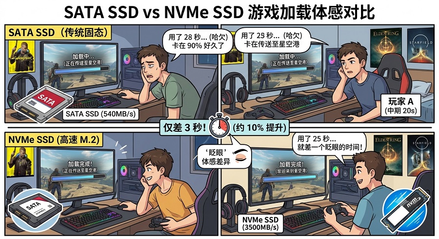 SATA与NVMe固态硬盘游戏加载时间实测对比，两者体感仅差3秒