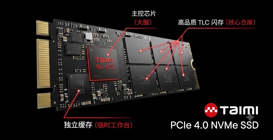Taimi PCIe 4.0 NVMe 固态硬盘内部硬件结构拆解图，展示核心主控芯片、独立缓存与高品质 TLC 闪存颗粒