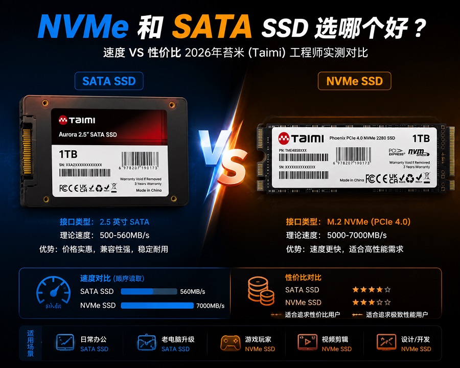 NVMe SSD 与 SATA SSD 对比，Taimi 实测指南 2026