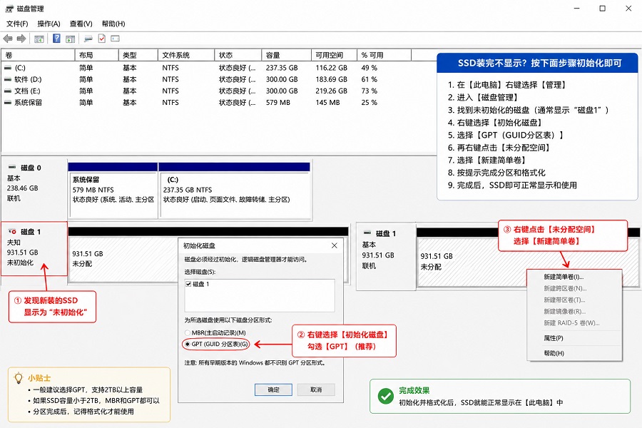 Windows磁盘管理初始化SSD教程，解决固态硬盘装完不显示的问题并选择GPT分区