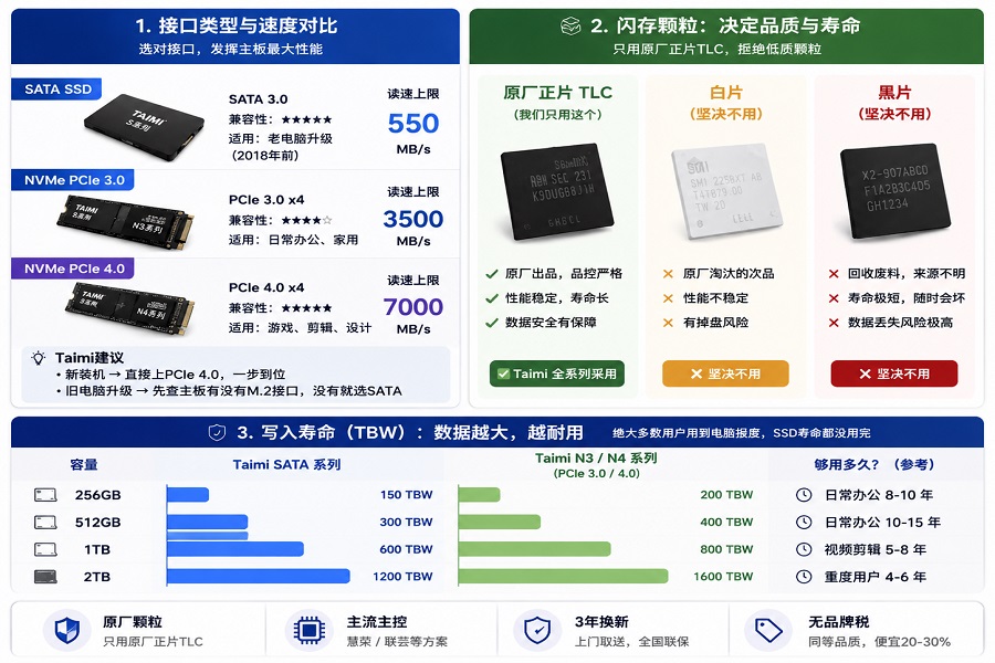 SSD对比图，展示接口类型、闪存颗粒和写入寿命，突出速度快、用料好、耐用性高