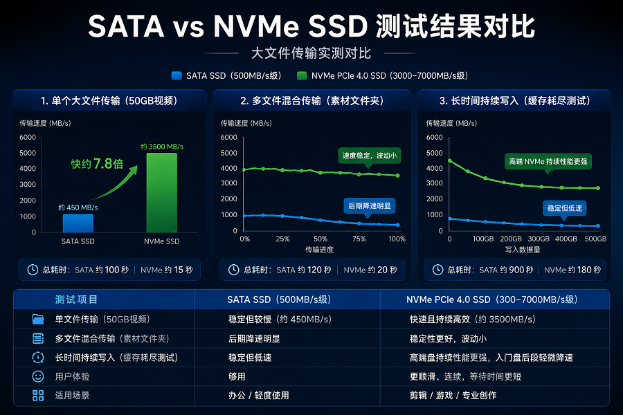 SATA和NVMe SSD大文件传输对比表,包括单文件、多文件和持续写入情况
