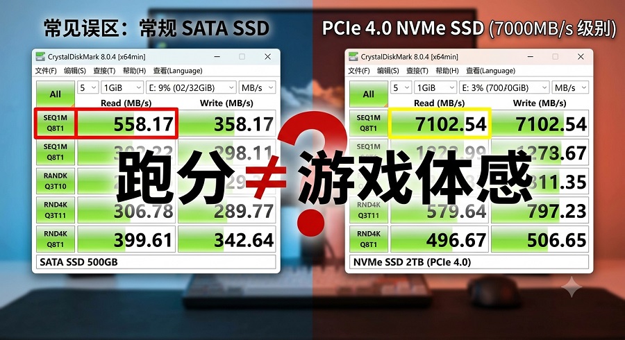 SATA 与 NVMe SSD 跑分对比图，中间印有&ldquo;跑分&ne;游戏体感&rdquo;字样。