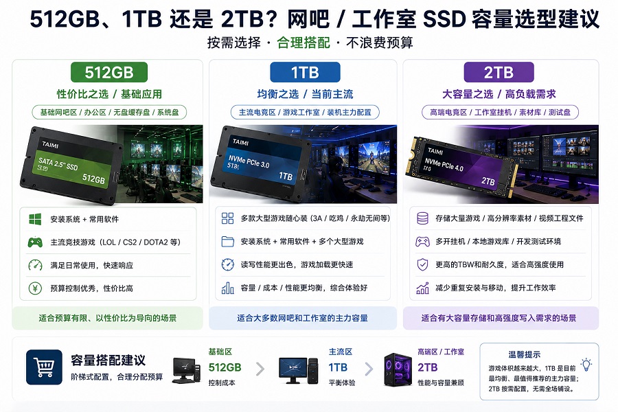 网吧和游戏工作室SSD容量选择：512GB、1TB与2TB对比