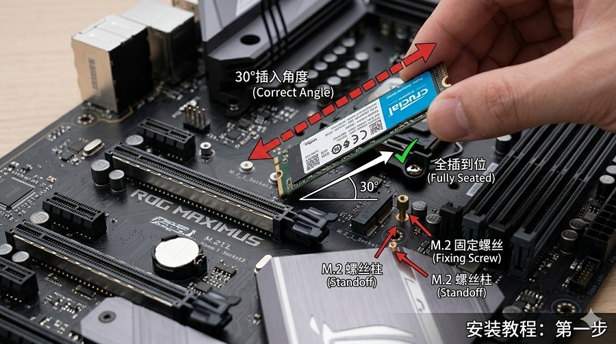 M.2 SSD安装教程:将固态硬盘以30度角插入主板M.2插槽并用螺丝固定的正确方法