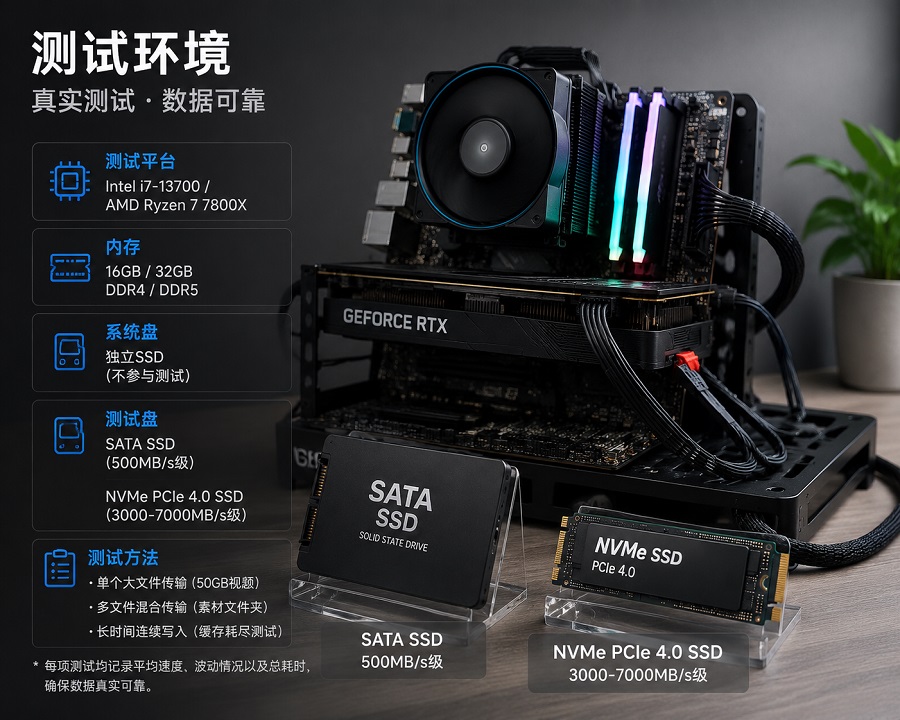 SATA SSD与NVMe SSD测试环境示意,包括主流桌面平台