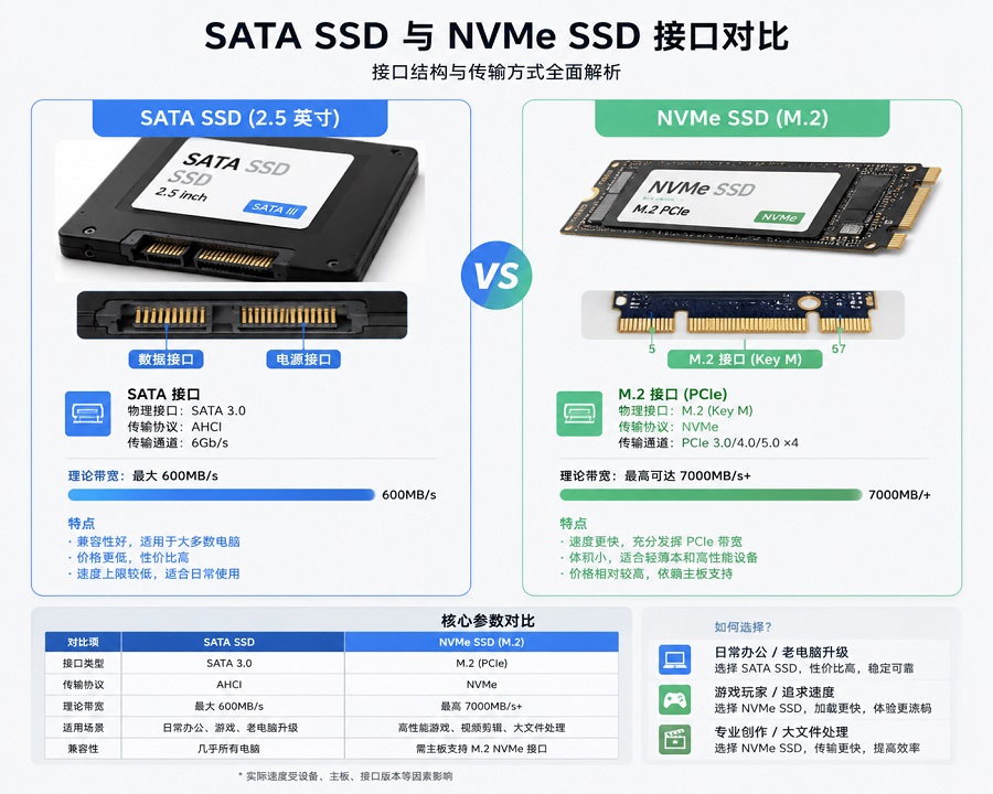 SATA SSD与NVMe SSD接口结构与传输方式对比图 帮我生成这张图片