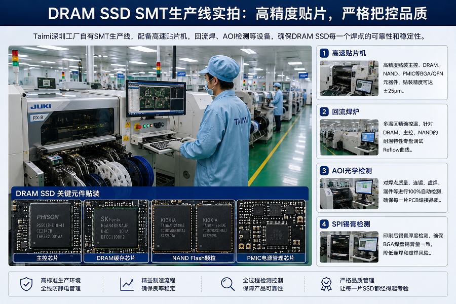 Taimi深圳SSD工厂SMT生产线及DRAM SSD贴片生产