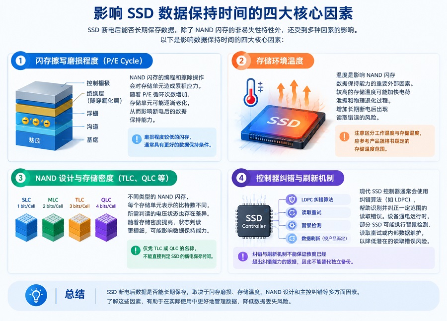 Factors affecting SSD data retention including flash wear and temperature