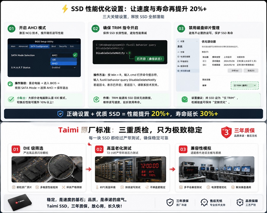 SSD性能优化设置示意图,Taimi SSD三重质检流程图