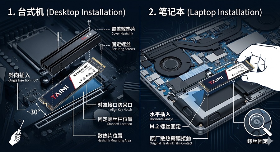 Taimi M.2 SSD安装指南：台式机与笔记本安装角度及散热片固定示意图
