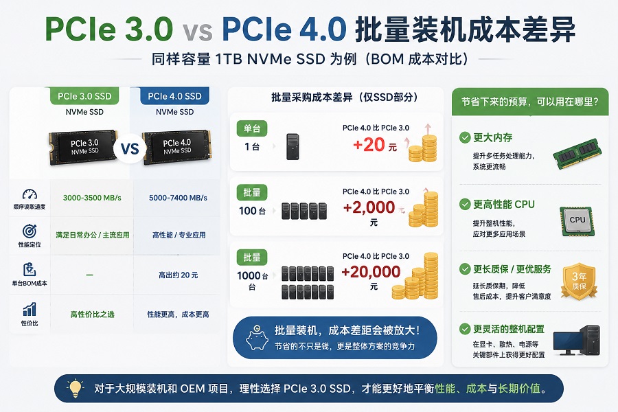 PCIe 3.0与PCIe 4.0 NVMe SSD批量装机成本对比图,展示不同采购规模下BOM成本差异和配置选择优势