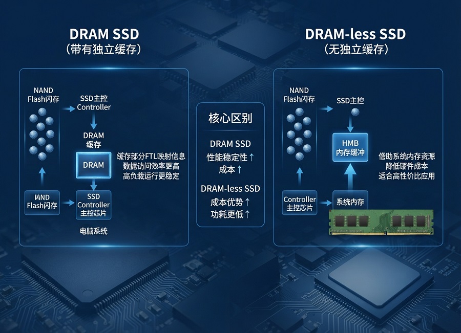 DRAM SSD与DRAM-less SSD数据管理架构对比图，展示独立DRAM缓存和HMB主机内存缓冲工作原理