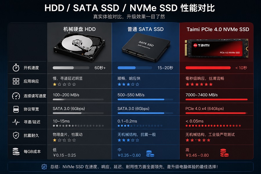 机械硬盘、普通SATA SSD与Taimi PCIe 4.0 NVMe SSD性能对比图，突出NVMe在速度、响应和耐久性上的优势