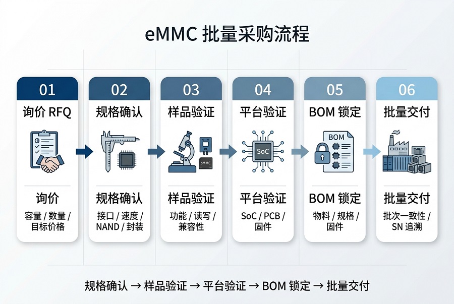 eMMC批量采购流程：询价、规格确认、样品验证、平台验证、BOM锁定与批量交付