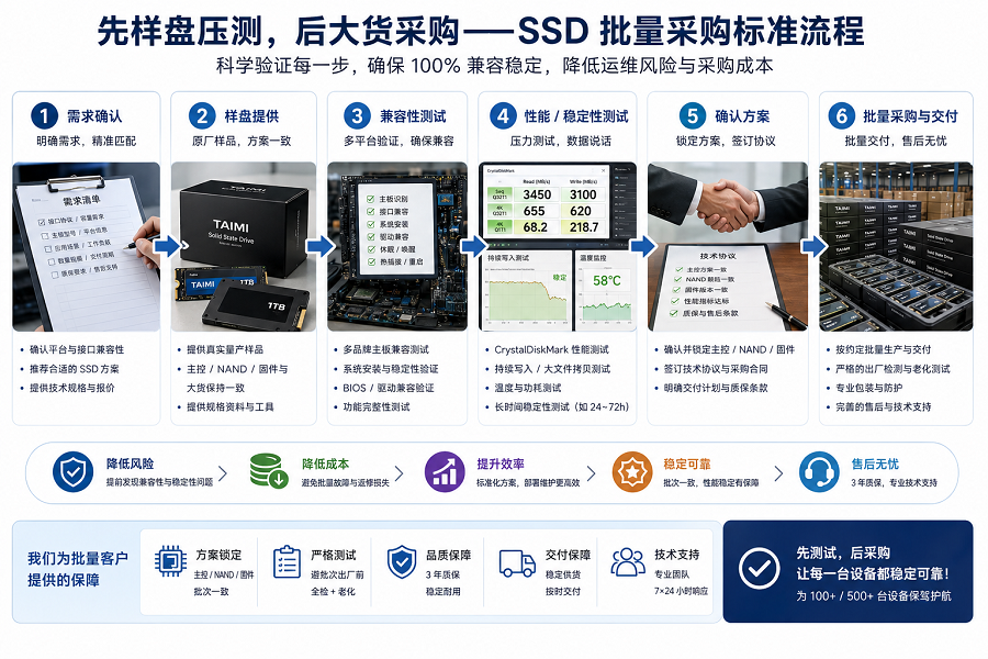 SSD批量采购流程：样盘测试、兼容性验证、性能压测与批量交付
