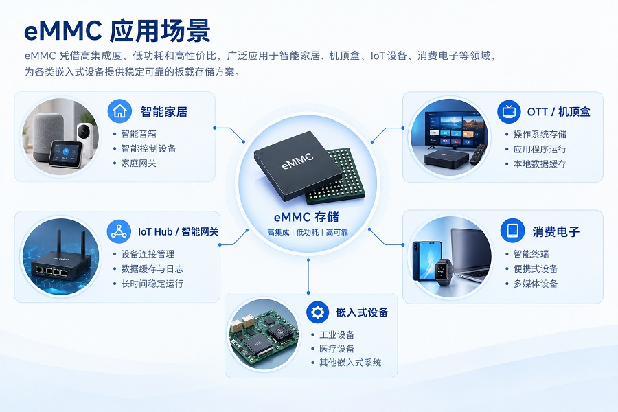 eMMC应用场景示意图，展示智能家居、OTT机顶盒、IoT智能网关、消费电子和嵌入式设备中的应用