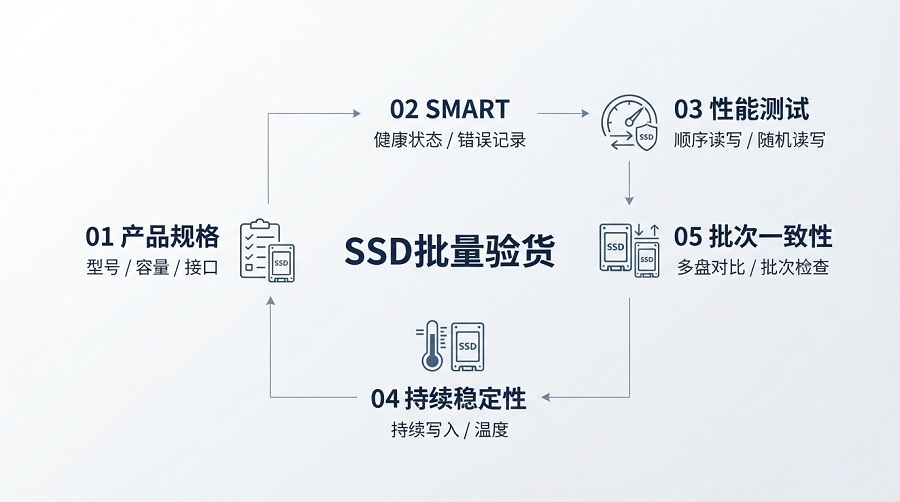 SSD批量采购质量检查标准，包含规格确认、性能检测和批次一致性分析