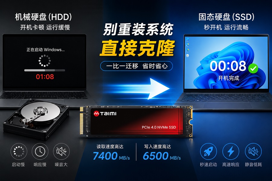 电脑机械硬盘升级Taimi PCIe 4.0 NVMe SSD示意图，支持Win10/Win11系统克隆迁移