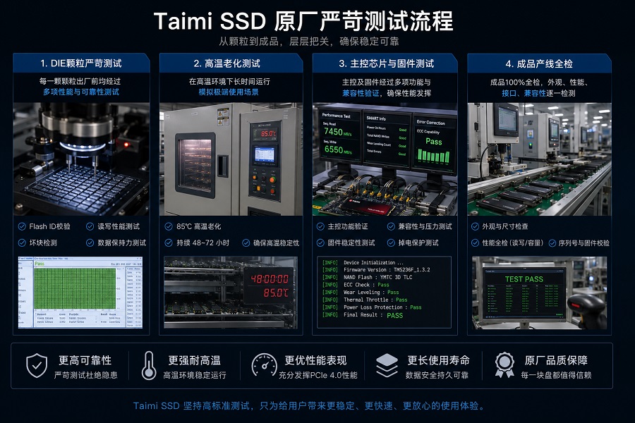 Taimi SSD 原厂测试流程图，展示 DIE颗粒测试、高温老化测试、主控固件验证与工厂产线全检流程