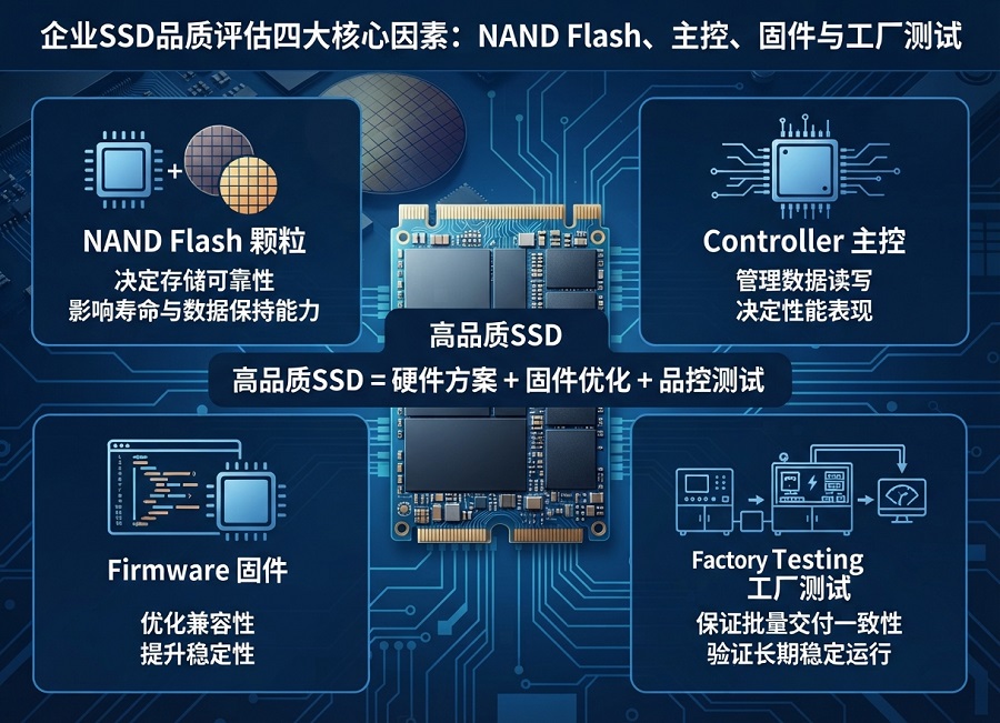 企业SSD品质评估四大因素示意图，展示NAND Flash、Controller主控、Firmware固件和工厂测试对SSD稳定性的影响