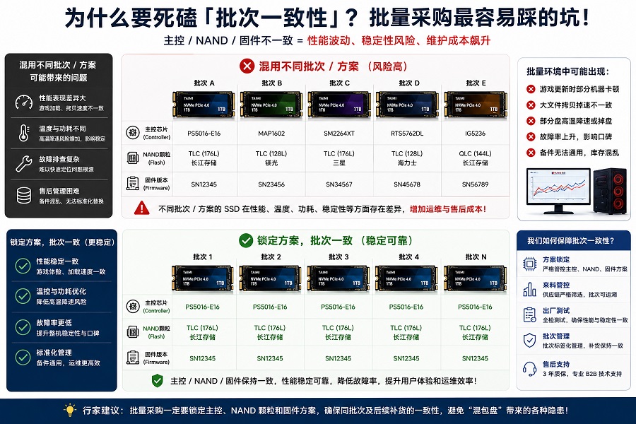 SSD批量采购批次一致性：主控、NAND颗粒与固件方案对比