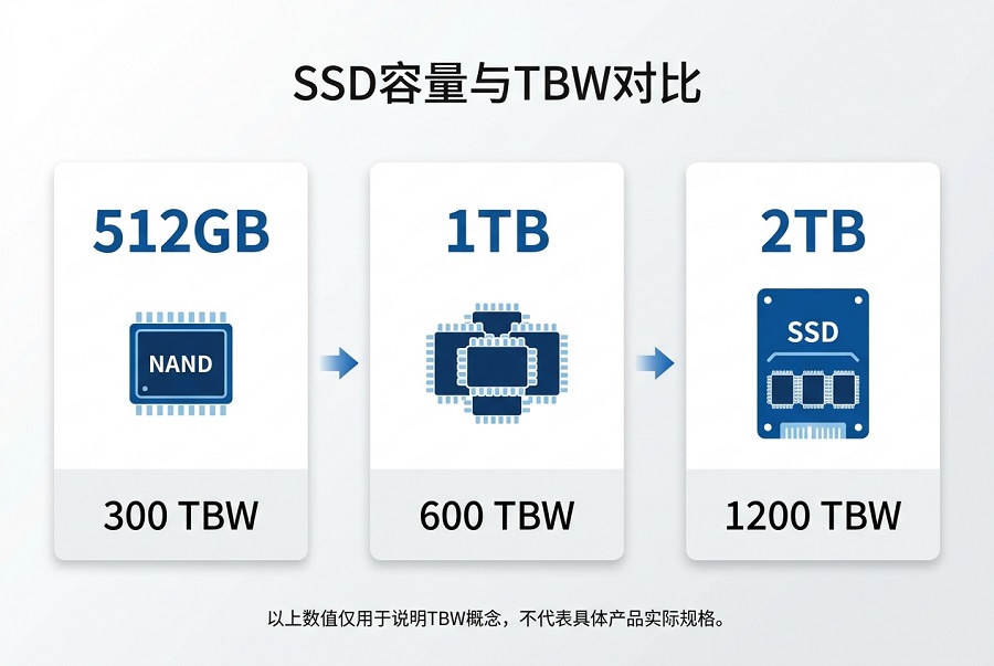 512GB 1TB 2TB SSD容量与TBW对比