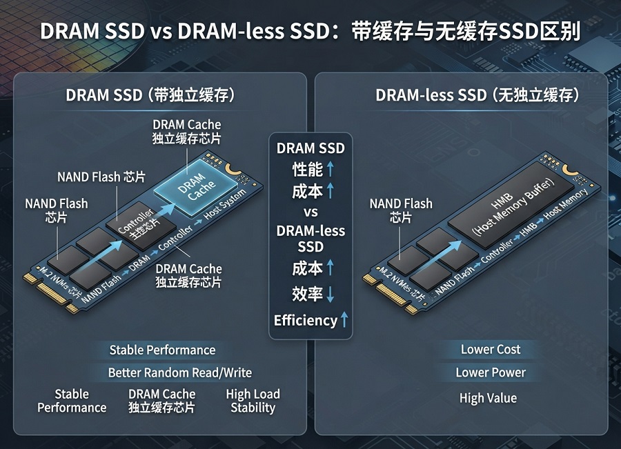 DRAM SSD与DRAM-less SSD结构对比，展示带独立缓存SSD和无缓存SSD的数据管理区别