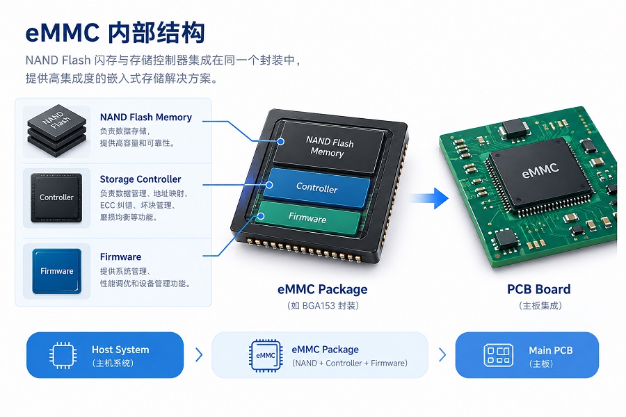 eMMC内部结构及工作原理示意图，展示NAND Flash、存储控制器和固件的集成方式