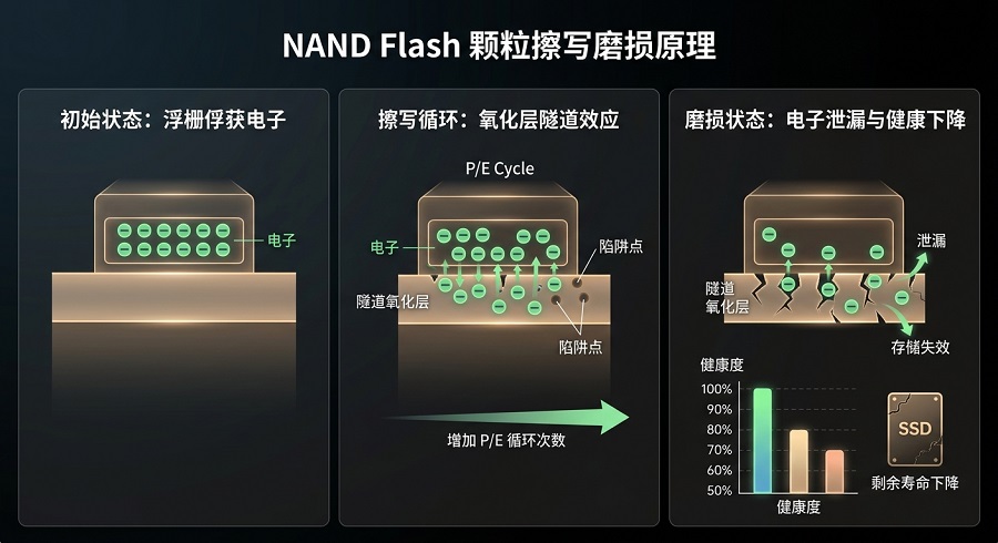 NAND Flash颗粒擦写磨损原理图：P/E循环与SSD健康度寿命下降关系