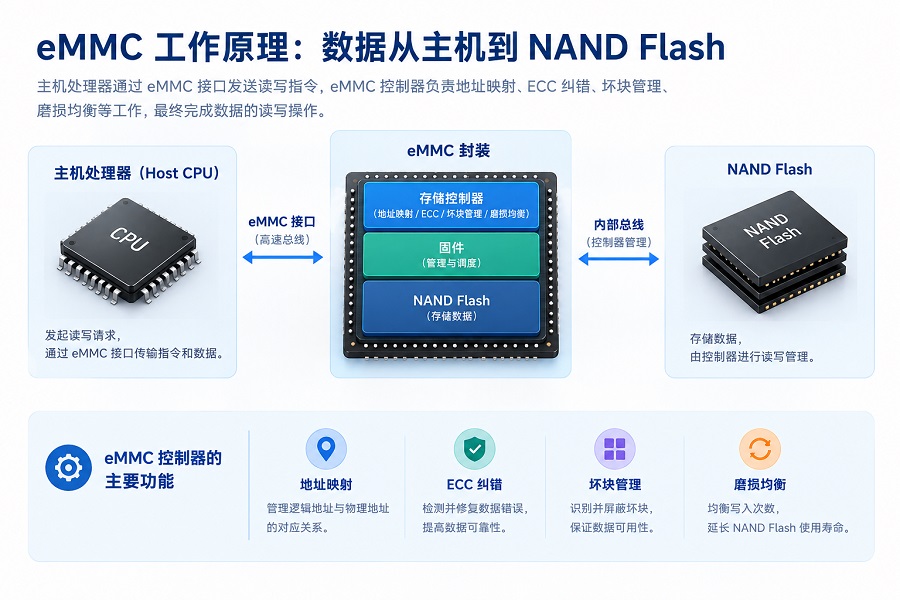 eMMC工作原理示意图，展示主机处理器通过eMMC接口与存储控制器、NAND Flash之间的数据传输及控制过程