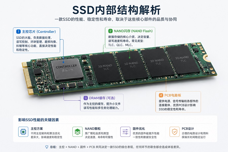 SSD内部结构解析图：主控、NAND闪存与PCB组成说明