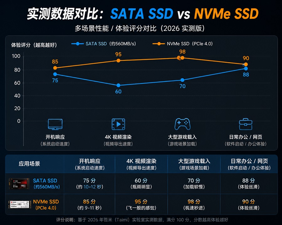 Taimi 实测 NVMe 与 SATA SSD 在开机、游戏、视频渲染的性能对比图