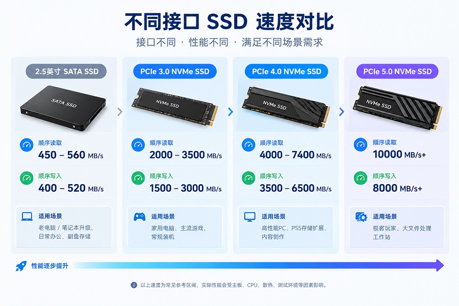 不同接口SSD读写速度对比：SATA与PCIe 3.0/4.0/5.0 NVMe SSD性能参考