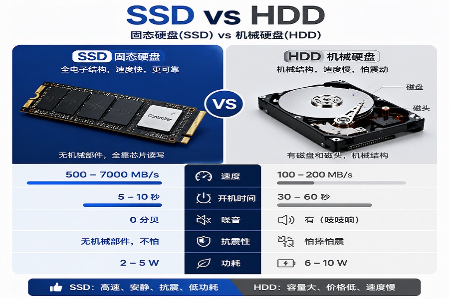 SSD与HDD对比图，展示结构、速度、开机时间、噪音、抗震和功耗差异，突出SSD性能优势