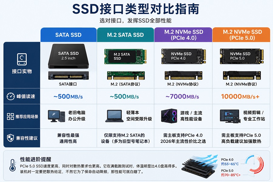 SSD接口对比图，SATA、M.2 SATA、NVMe PCIe 4.0和PCIe 5.0固态硬盘性能与应用场景